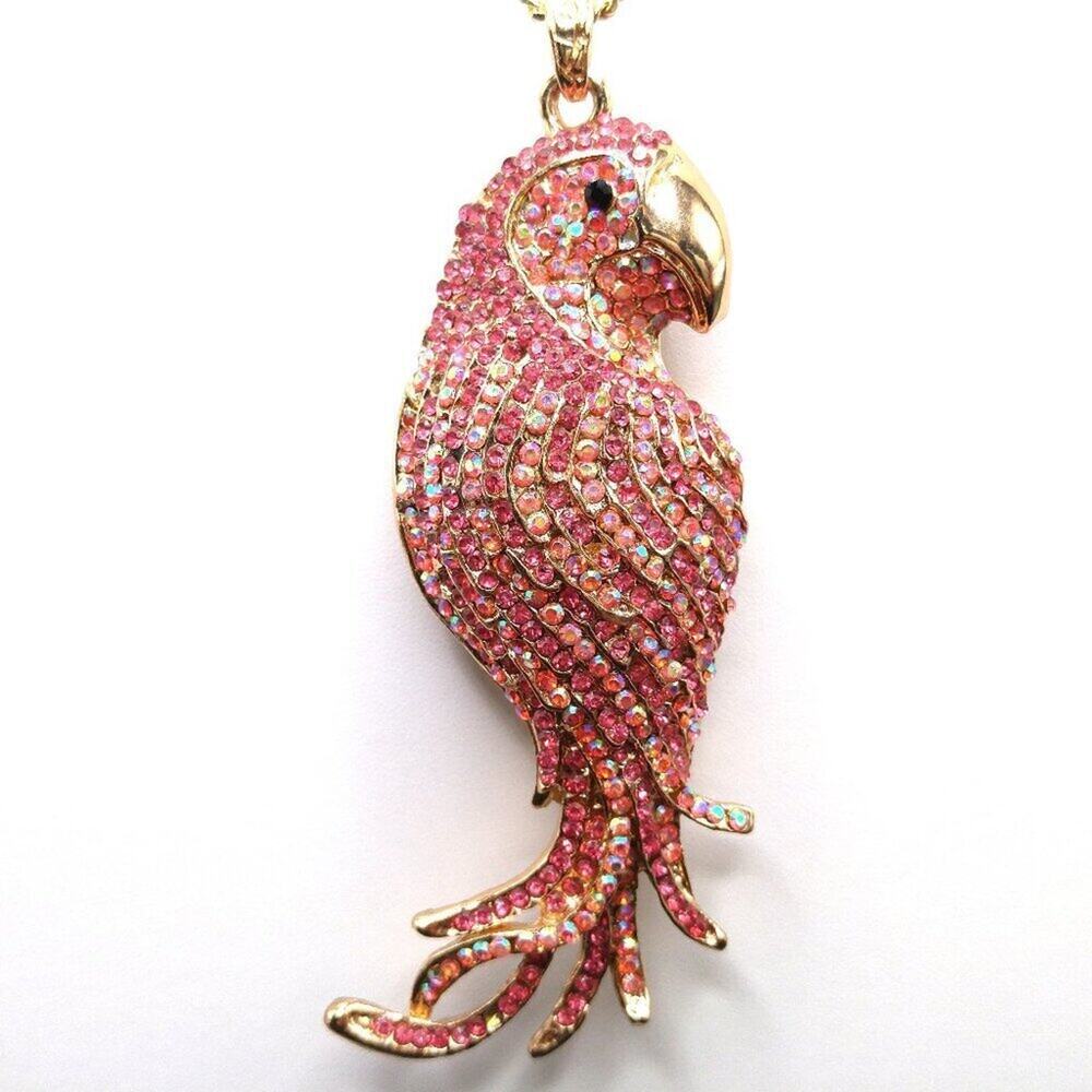 Parrot Pink AB Rhinestone Pendant on Vintage 24 Inch Chain Necklace